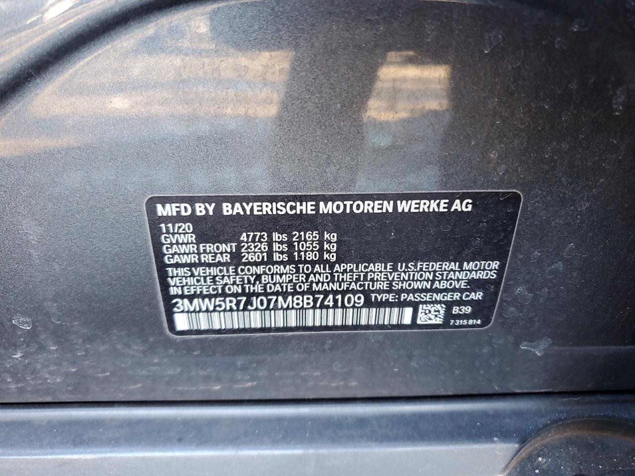 2021 BMW 3er VIN 3MW5R7J07M8B74109 Copart auction photo, front end damage thumbnail 12