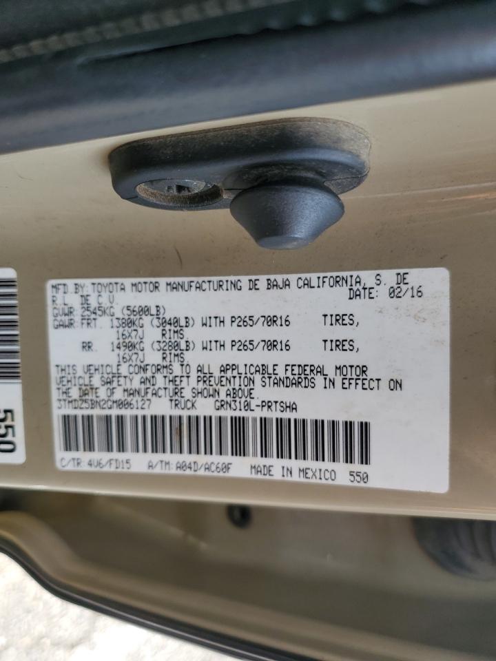 2016 Toyota Tacoma VIN 3TMDZ5BN2GM006127 Copart auction photo, front end / rear end damage thumbnail 12