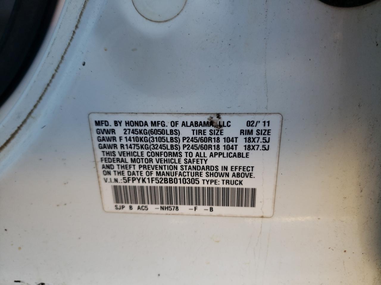 2011 Honda Ridgeline VIN 5FPYK1F52BB010305 Copart auction photo, front end damage thumbnail 12