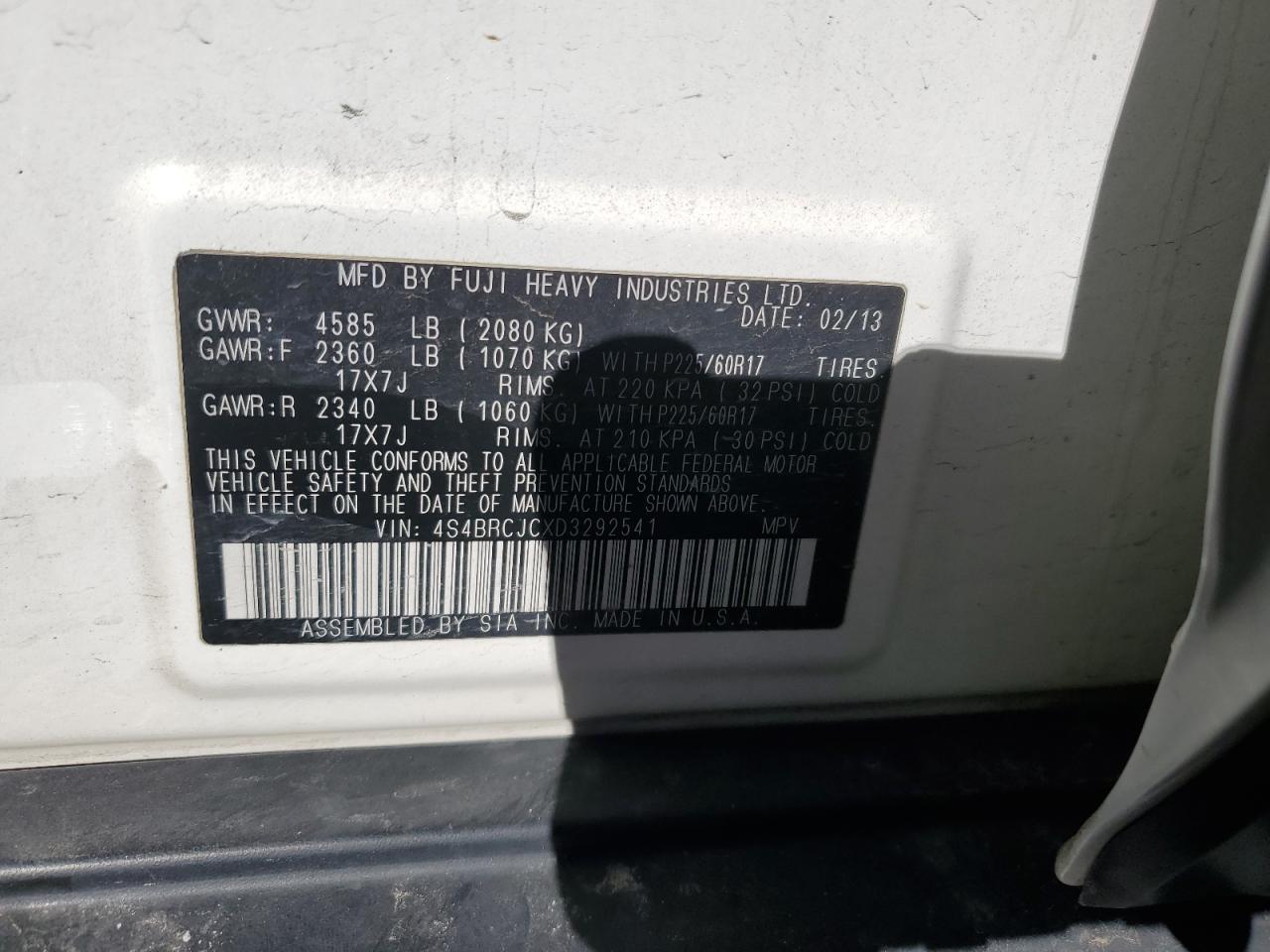 2013 Subaru Outback VIN 4S4BRCJCXD3292541 Copart auction photo, front end damage thumbnail 13