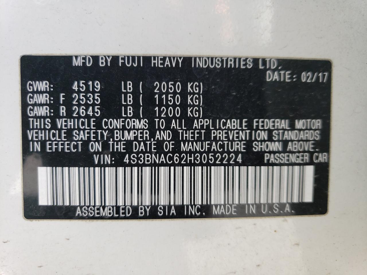 2017 Subaru Legacy VIN 4S3BNAC62H3052224 Copart auction photo, front end / hail damage thumbnail 13