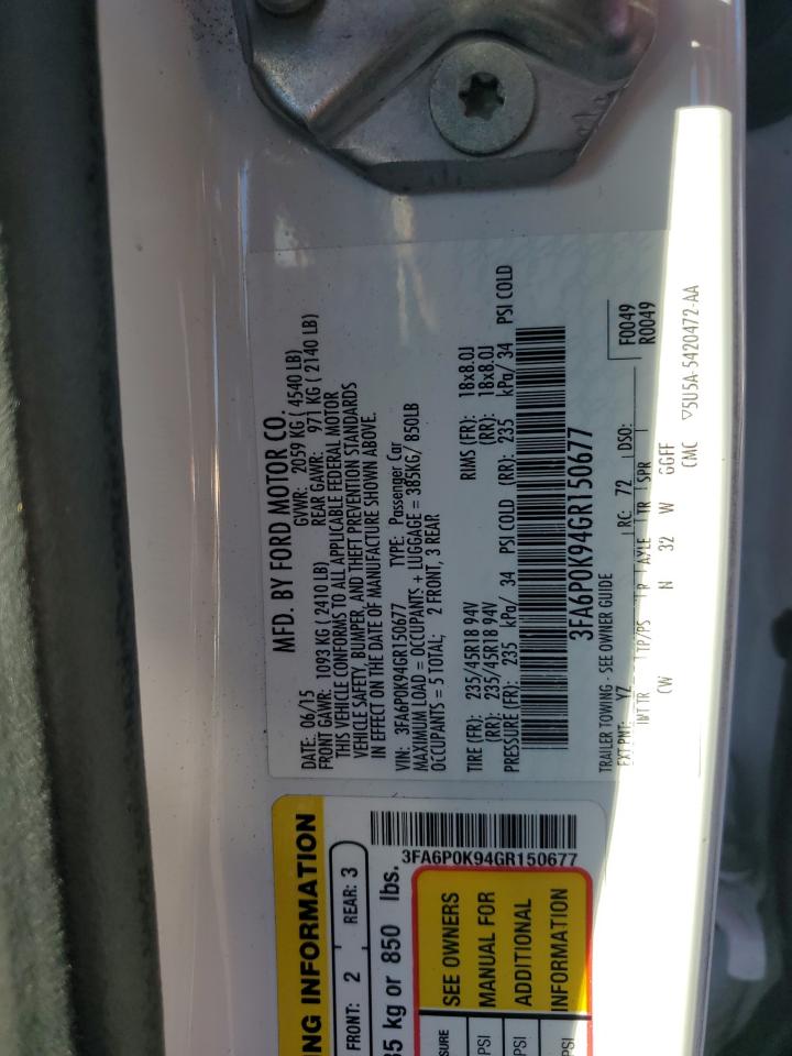2016 Ford Fusion VIN 3FA6P0K94GR150677 Copart auction photo, front end / rear end damage thumbnail 13