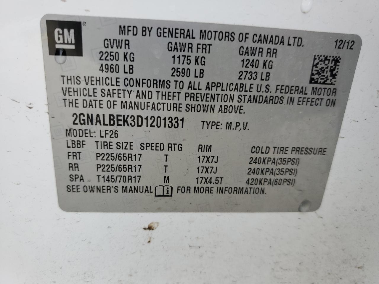 2013 Chevrolet Equinox VIN 2GNALBEK3D1201331 Copart auction photo, front end / side damage thumbnail 14