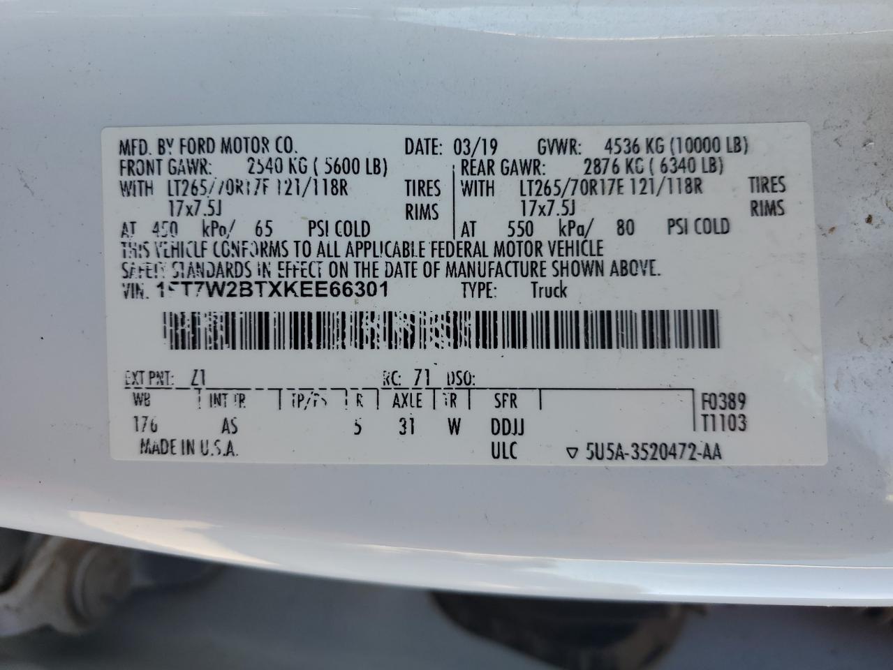 2019 Ford F250 VIN 1FT7W2BTXKEE66301 Copart auction photo, mechanical / rear end damage thumbnail 12