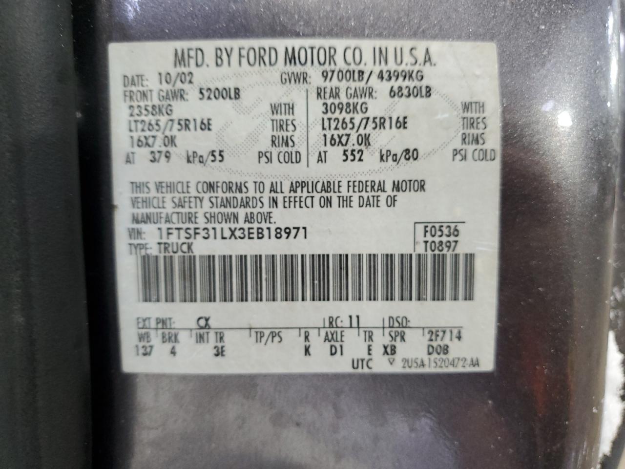 2003 Ford F350 VIN 1FTSF31LX3EB18971 Copart auction photo, all over / side damage thumbnail 12