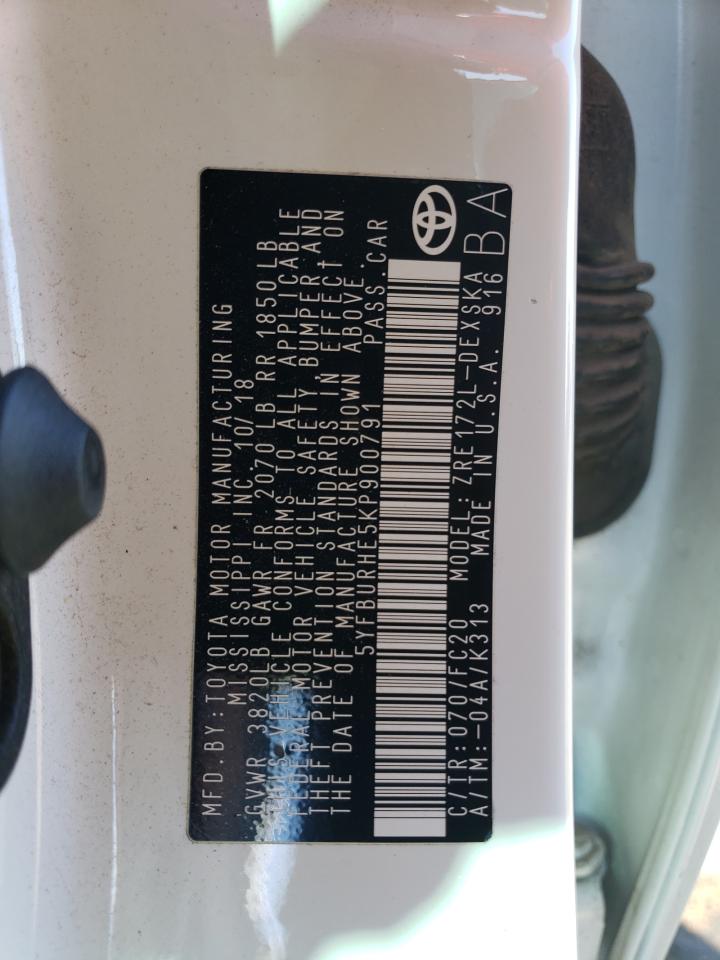 2019 Toyota Corolla VIN 5YFBURHE5KP900791 Copart auction photo, side damage thumbnail 14