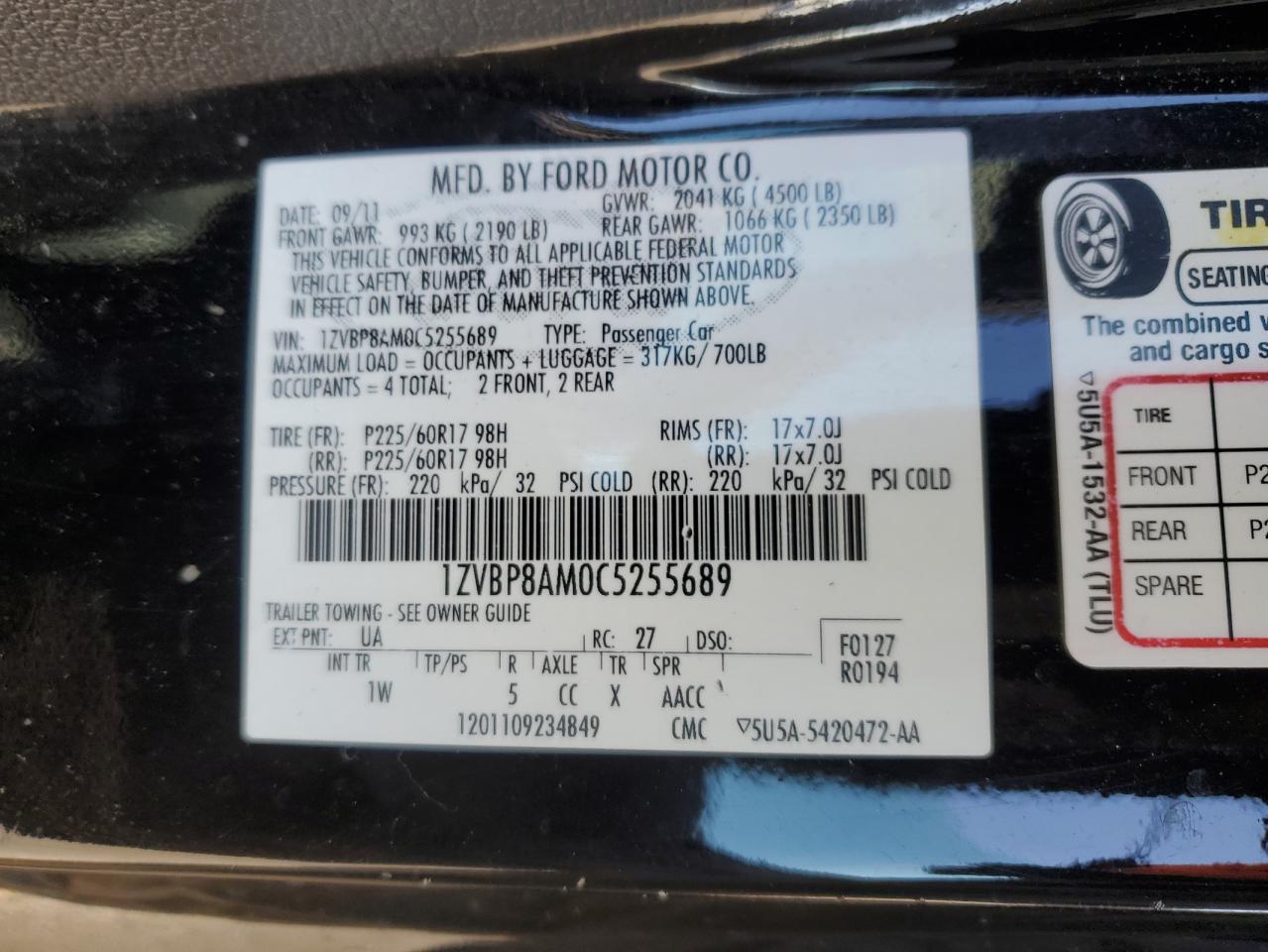 2012 Ford Mustang VIN 1ZVBP8AM0C5255689 Copart auction photo, rear end / minor dent/scratches damage thumbnail 12