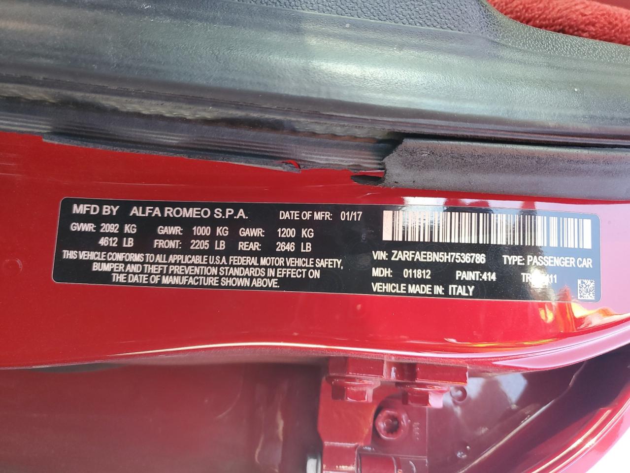 2017 Alfa Romeo Giulia VIN ZARFAEBN5H7536786 Copart auction photo, rear end damage thumbnail 14