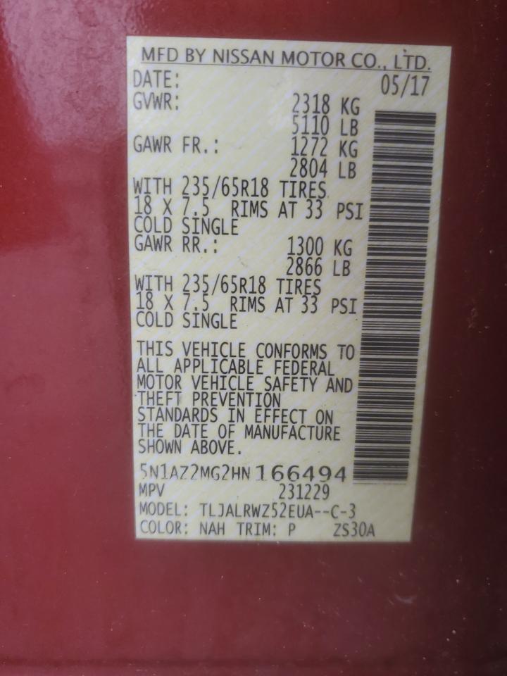 2017 Nissan Murano VIN 5N1AZ2MG2HN166494 Copart auction photo, rear end damage thumbnail 12