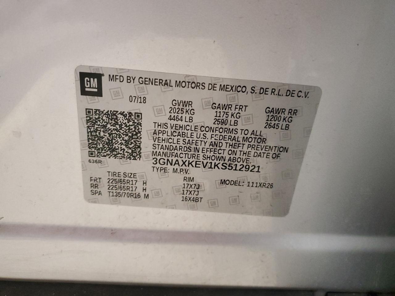 2019 Chevrolet Equinox VIN 3GNAXKEV1KS512921 Copart auction photo, front end damage thumbnail 14