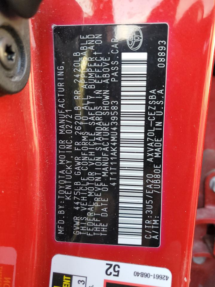 2021 Toyota Camry VIN 4T1T11AK4MU439583 Copart auction photo, front end / minor dent/scratches damage thumbnail 12