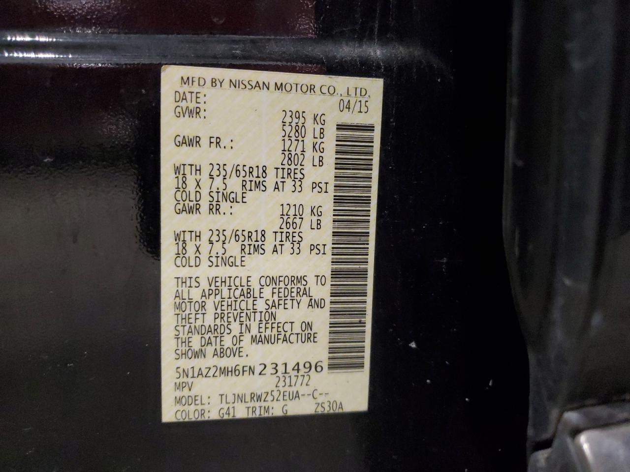 2015 Nissan Murano VIN 5N1AZ2MH6FN231496 Copart auction photo, mechanical damage thumbnail 13