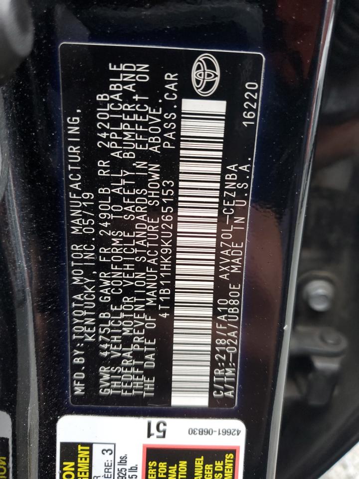 2019 Toyota Camry VIN 4T1B11HK9KU265153 Copart auction photo, all over / mechanical damage thumbnail 12