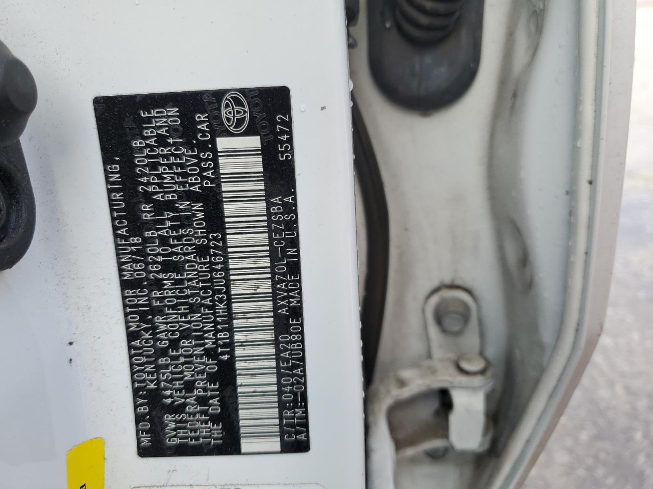 2018 Toyota Camry VIN 4T1B11HK3JU646723 Copart auction photo, front end / minor dent/scratches damage thumbnail 12