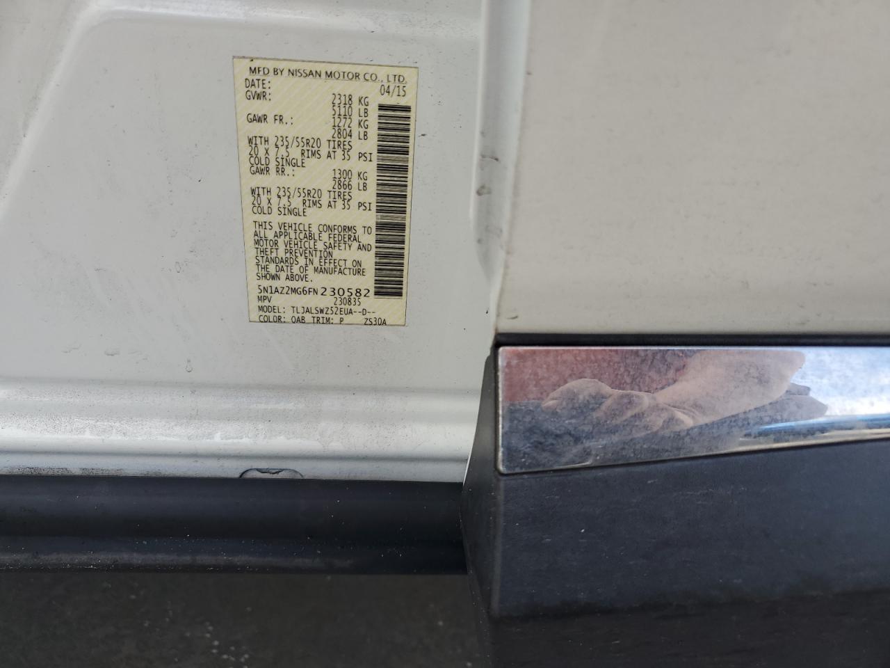 2015 Nissan Murano VIN 5N1AZ2MG6FN230582 Copart auction photo, water/flood damage thumbnail 14