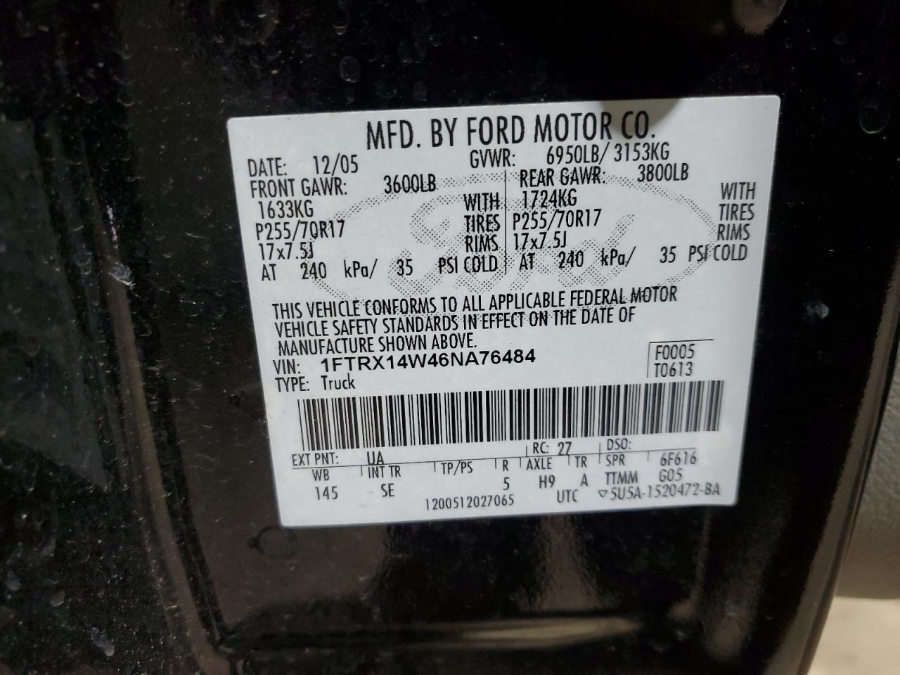 2006 Ford F-150 VIN 1FTRX14W46NA76484 Copart auction photo, front end damage thumbnail 12