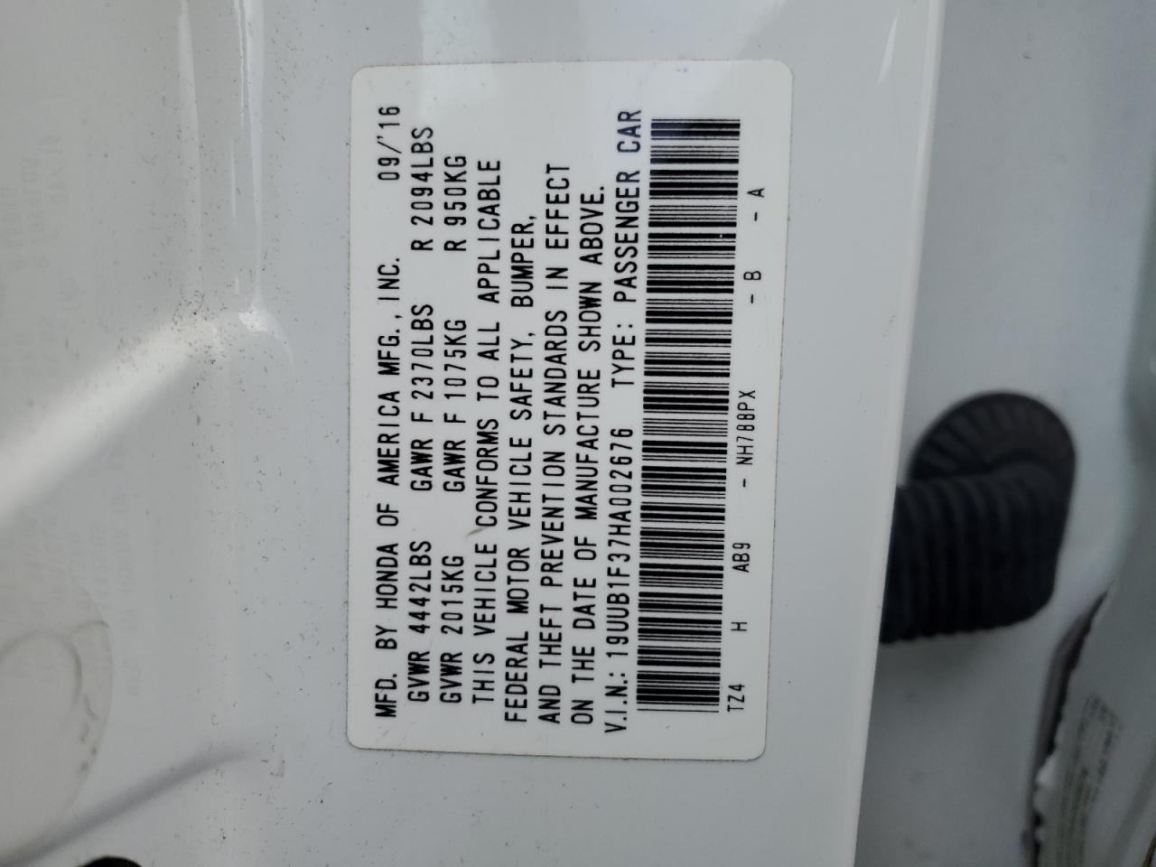 2017 Acura TLX VIN 19UUB1F37HA002676 Copart auction photo, side / rear end damage thumbnail 12
