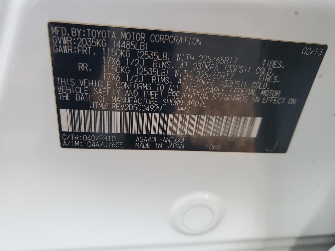 2013 Toyota RAV 4 VIN JTMZFREV2D5004929 Copart auction photo, front end / minor dent/scratches damage thumbnail 13