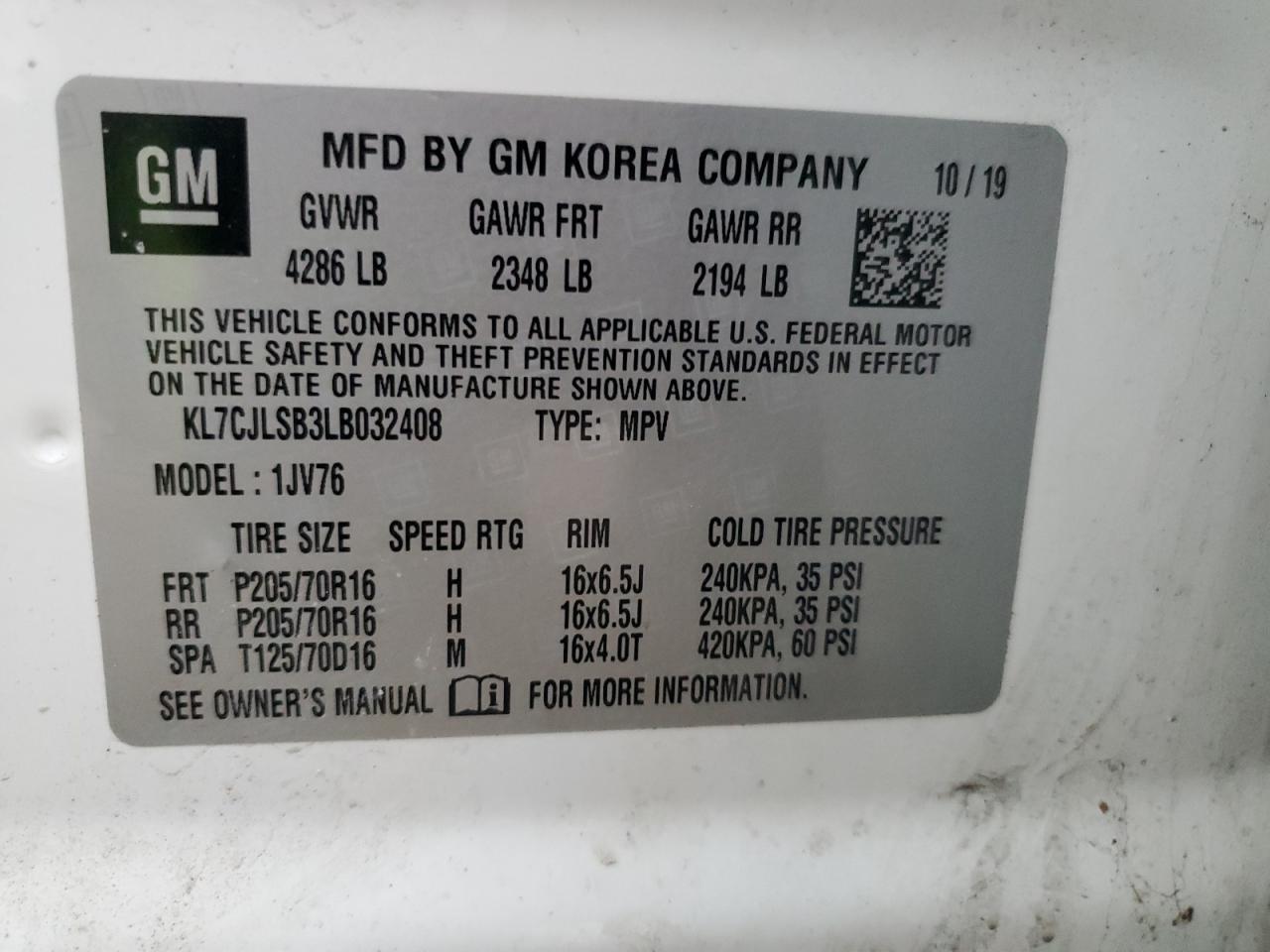 2020 Chevrolet Trax VIN KL7CJLSB3LB032408 Copart auction photo, front end damage thumbnail 13