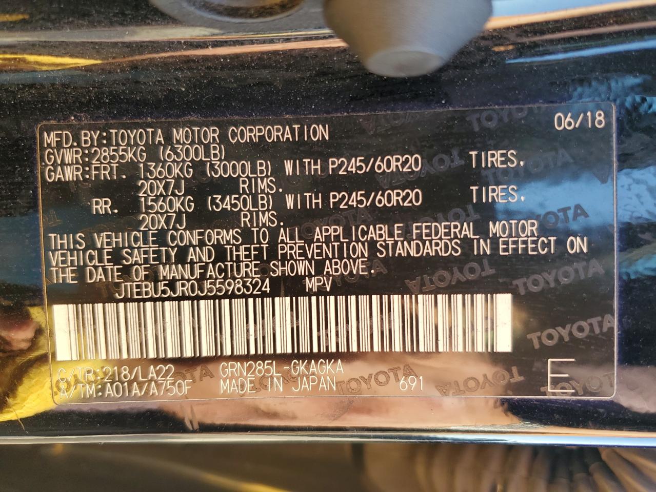 2018 Toyota 4Runner VIN JTEBU5JR0J5598324 Copart auction photo, front end / rear end damage thumbnail 14
