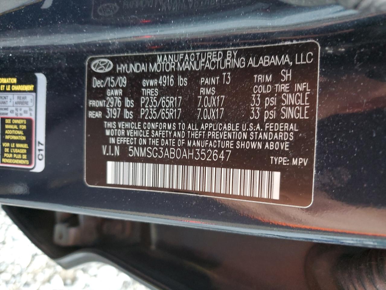 2010 Hyundai Santa Fe VIN 5NMSG3AB0AH352647 Copart auction photo, rear end / undercarriage damage thumbnail 13