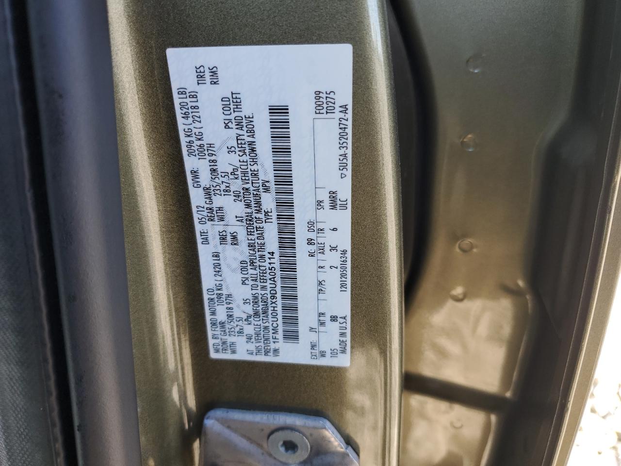 2013 Ford Escape VIN 1FMCU0HX9DUA05114 Copart auction photo, side / minor dent/scratches damage thumbnail 15