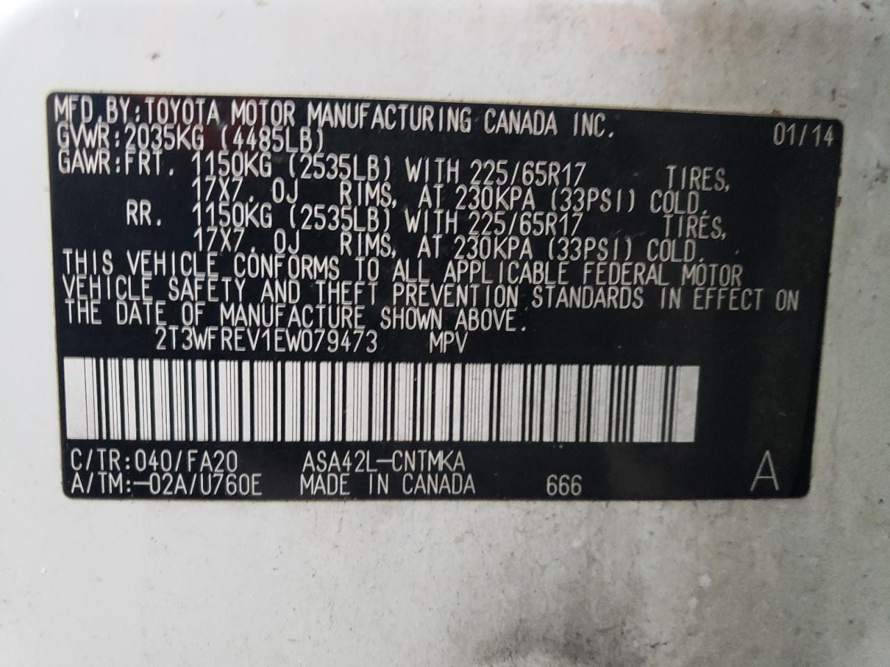 2014 Toyota RAV 4 VIN 2T3WFREV1EW079473 Copart auction photo, side damage thumbnail 13