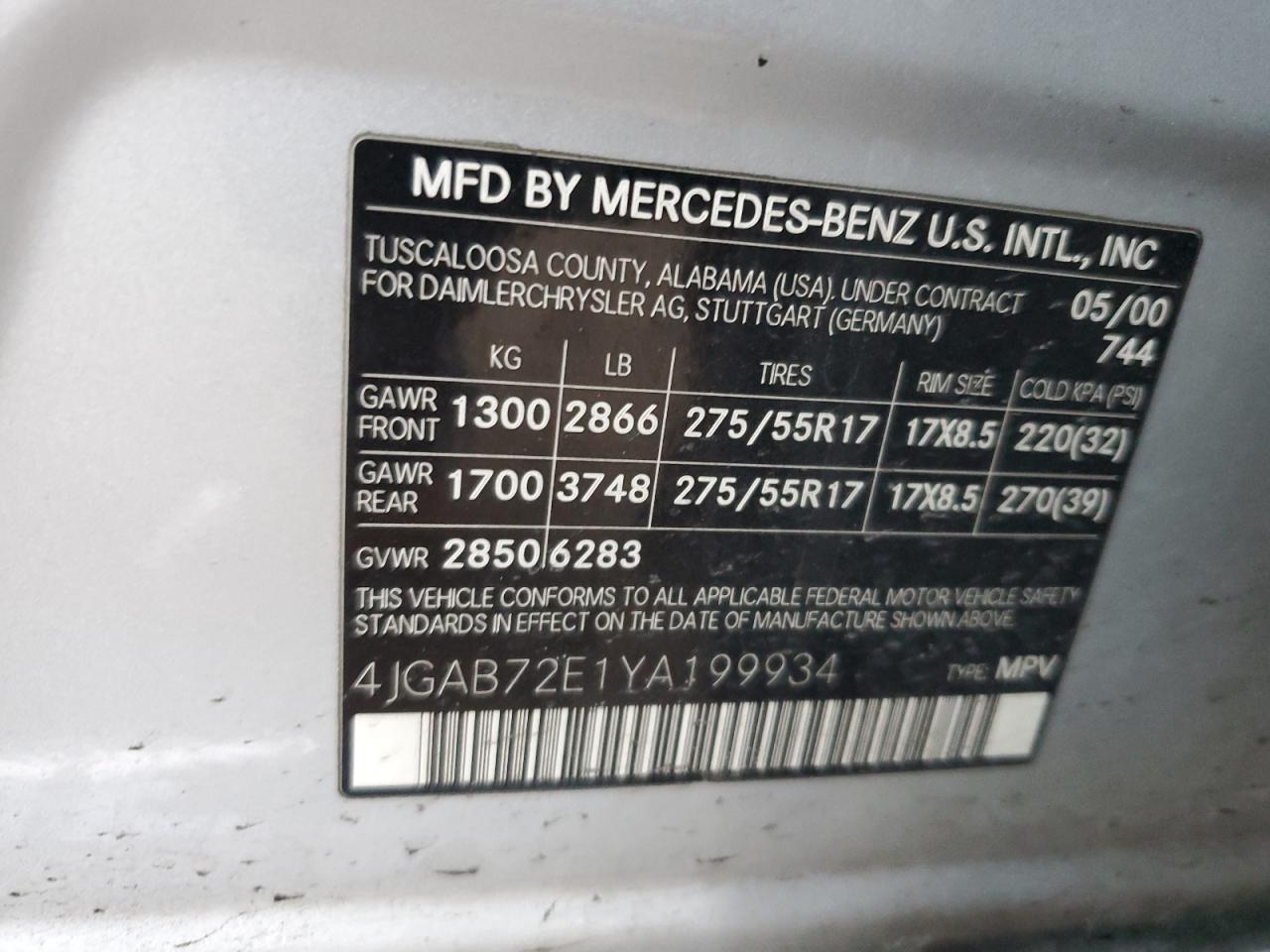 2000 Mercedes-Benz M-klasse VIN 4JGAB72E1YA199934 Copart auction photo, front end / rear end damage thumbnail 15