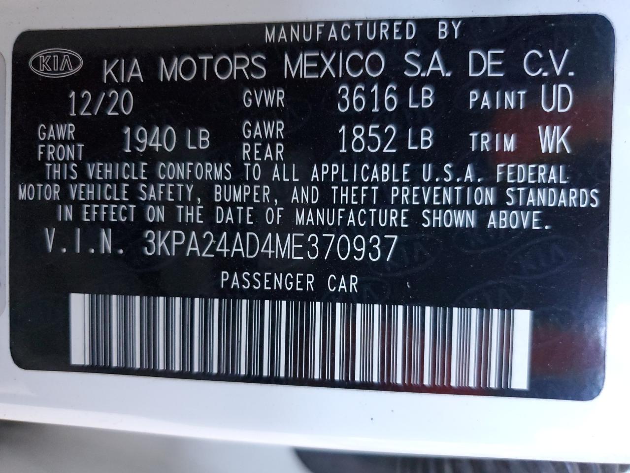 2021 KIA Rio VIN 3KPA24AD4ME370937 Copart auction photo, front end damage thumbnail 14
