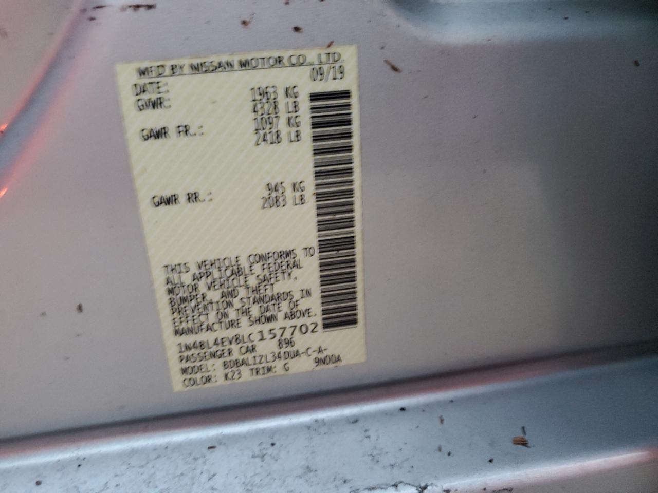 2020 Nissan Altima VIN 1N4BL4EV8LC157702 Copart auction photo, water/flood / front end damage thumbnail 13