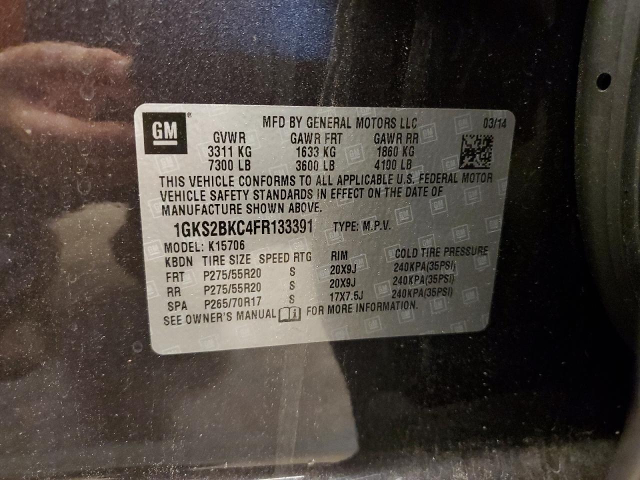 2015 GMC Yukon VIN 1GKS2BKC4FR133391 Copart auction photo, rollover damage thumbnail 15