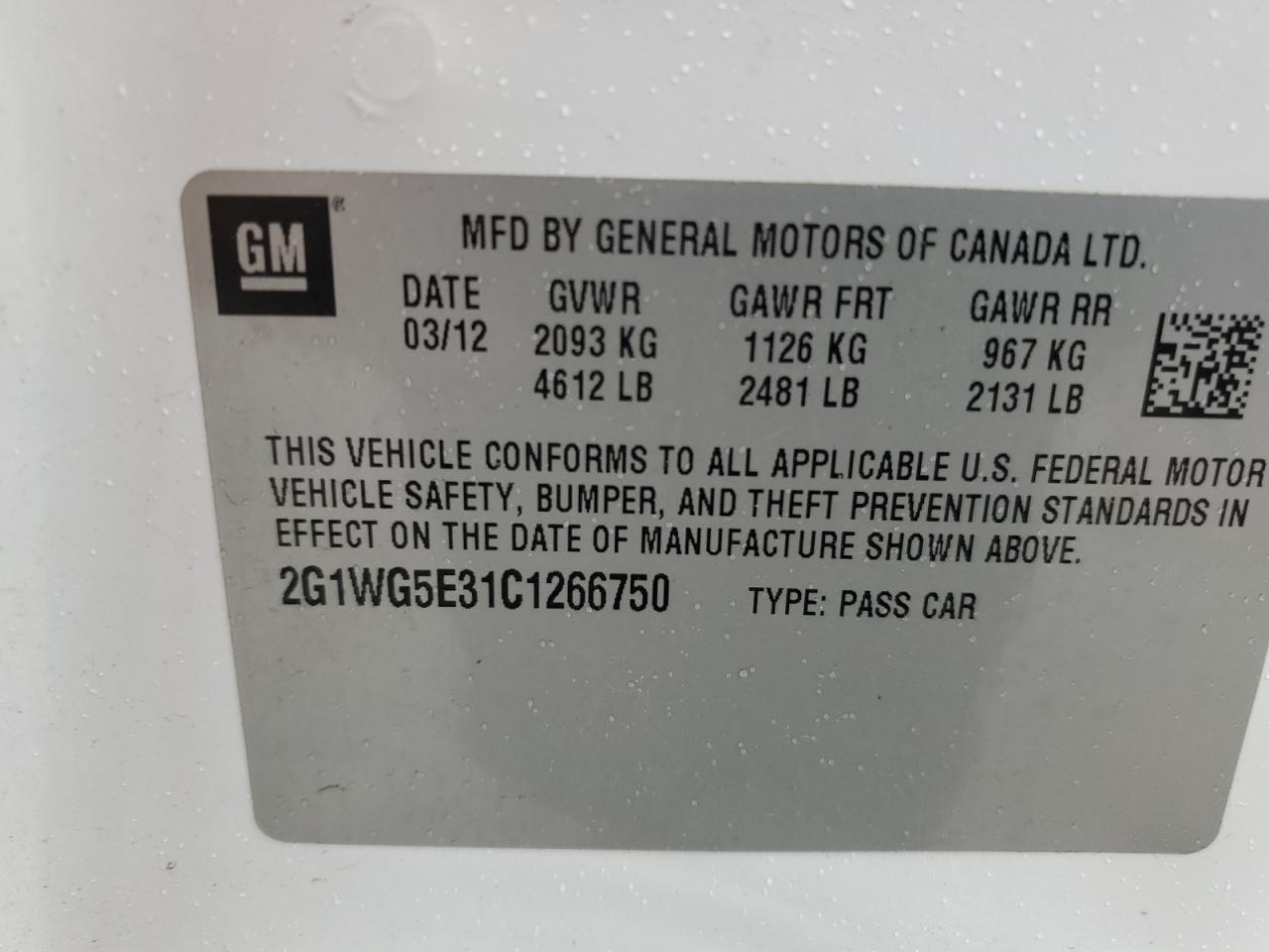 2012 Chevrolet Impala VIN 2G1WG5E31C1266750 Copart auction photo, front end / minor dent/scratches damage thumbnail 12