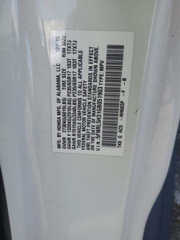 2016 Honda Odyssey VIN 5FNRL5H31GB051903 Copart auction photo, side damage thumbnail 14