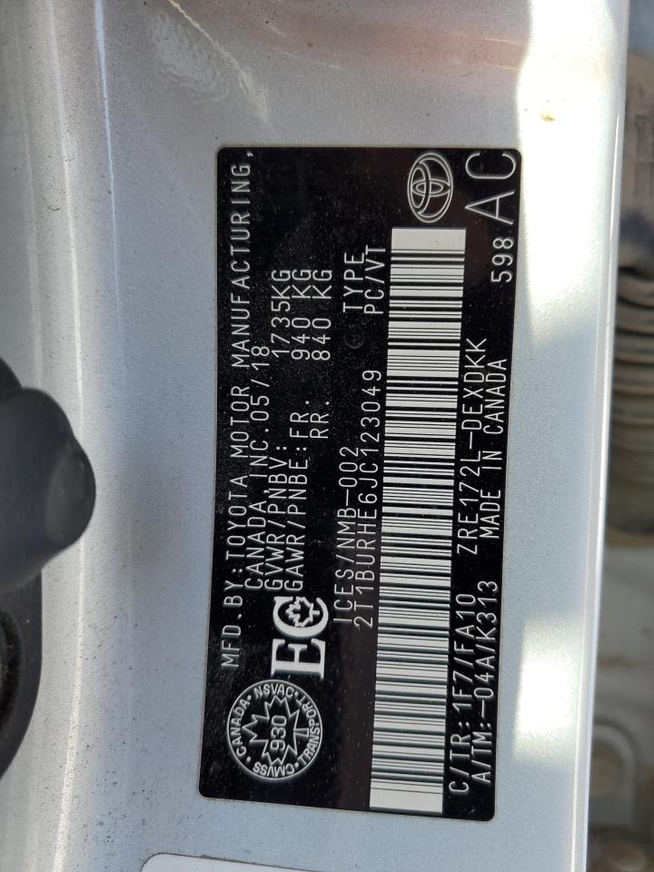 2018 Toyota Corolla VIN 2T1BURHE6JC123049 Copart auction photo, front end / rear end damage thumbnail 14