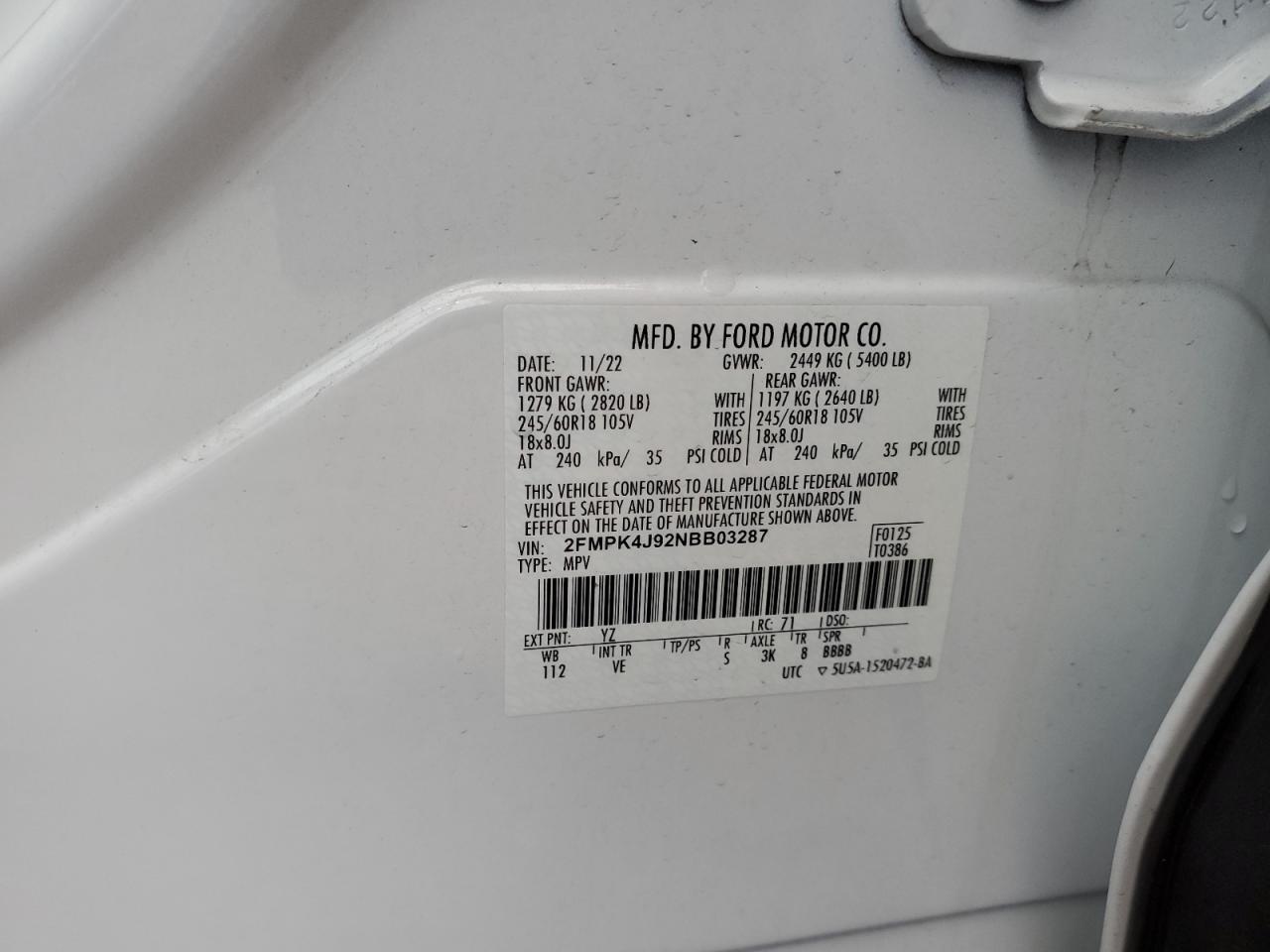 2022 Ford Edge VIN 2FMPK4J92NBB03287 Copart auction photo, side damage thumbnail 13