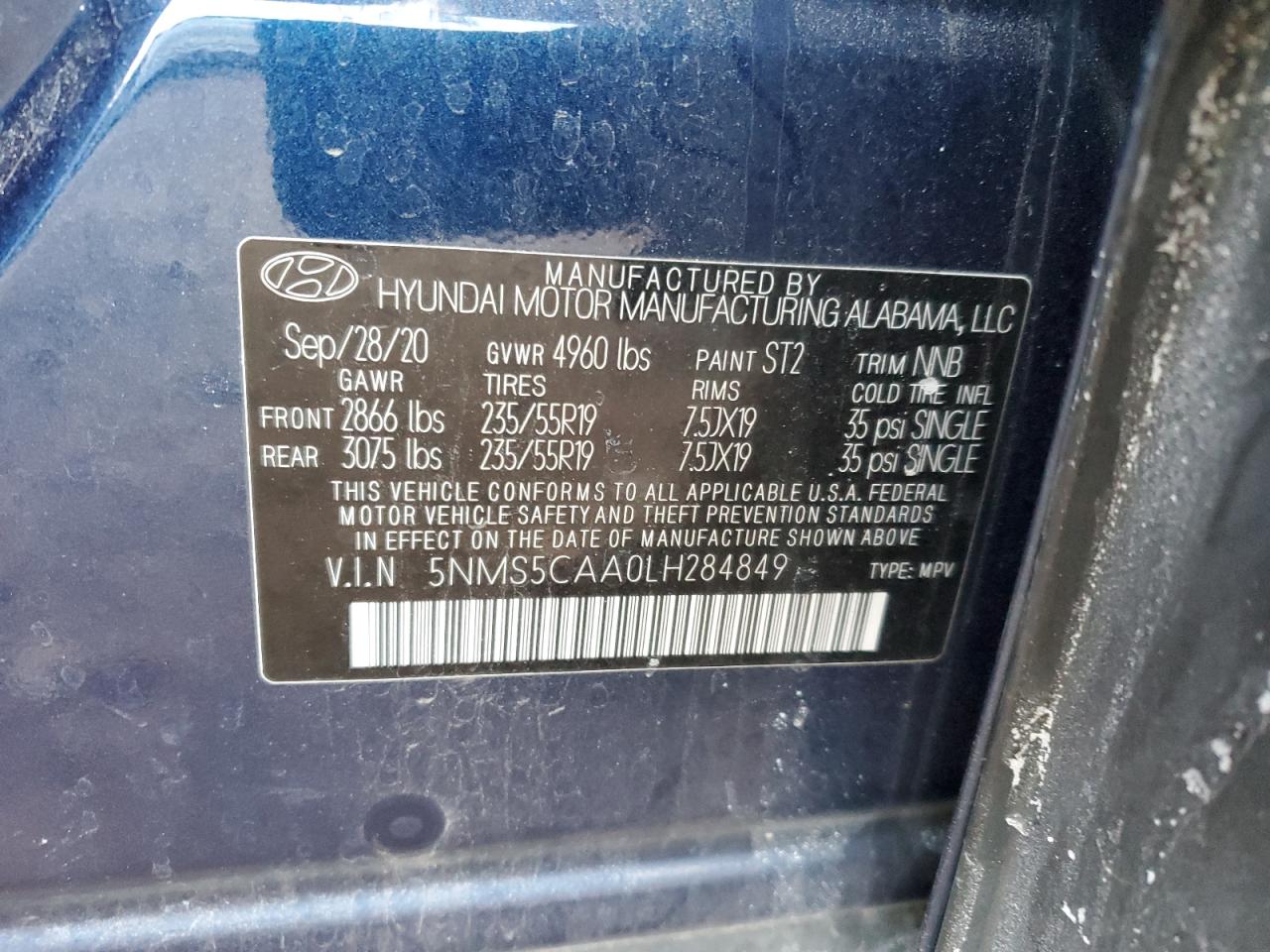 2020 Hyundai Santa Fe VIN 5NMS5CAA0LH284849 Copart auction photo, side / front end damage thumbnail 14