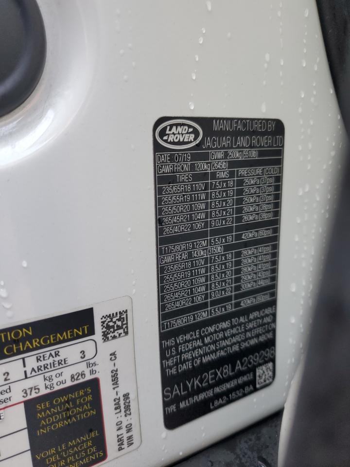2020 Land Rover Range Rover VIN SALYK2EX8LA239298 Copart auction photo, all over damage thumbnail 13