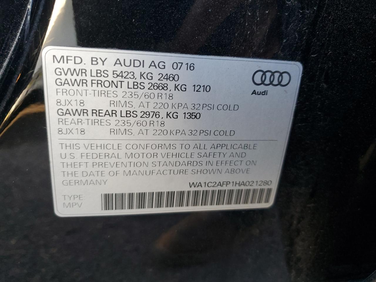 2017 Audi Q5 VIN WA1C2AFP1HA021280 Copart auction photo, minor dent/scratches damage thumbnail 13