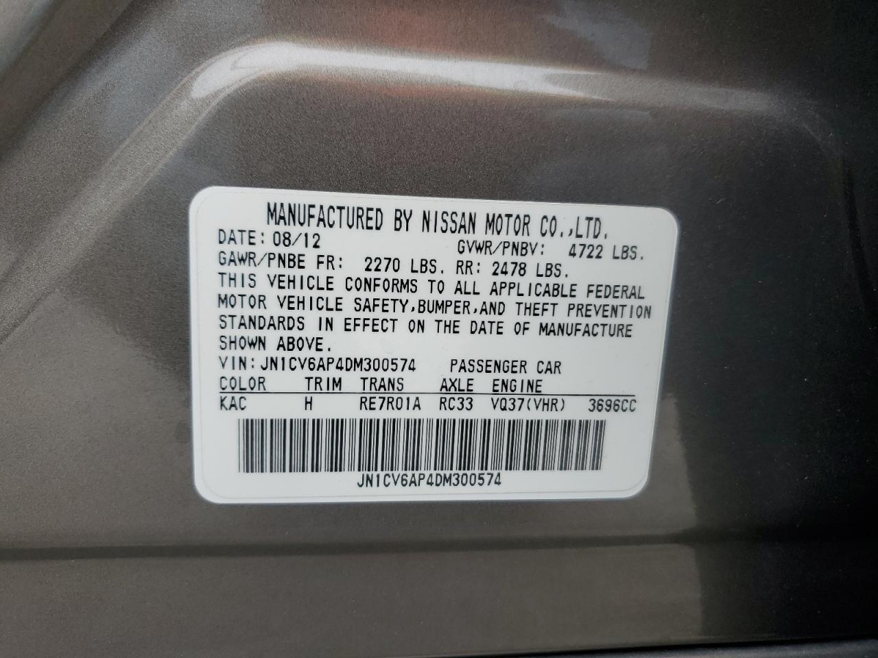 2013 Infiniti G VIN JN1CV6AP4DM300574 Copart auction photo, rear end damage thumbnail 13