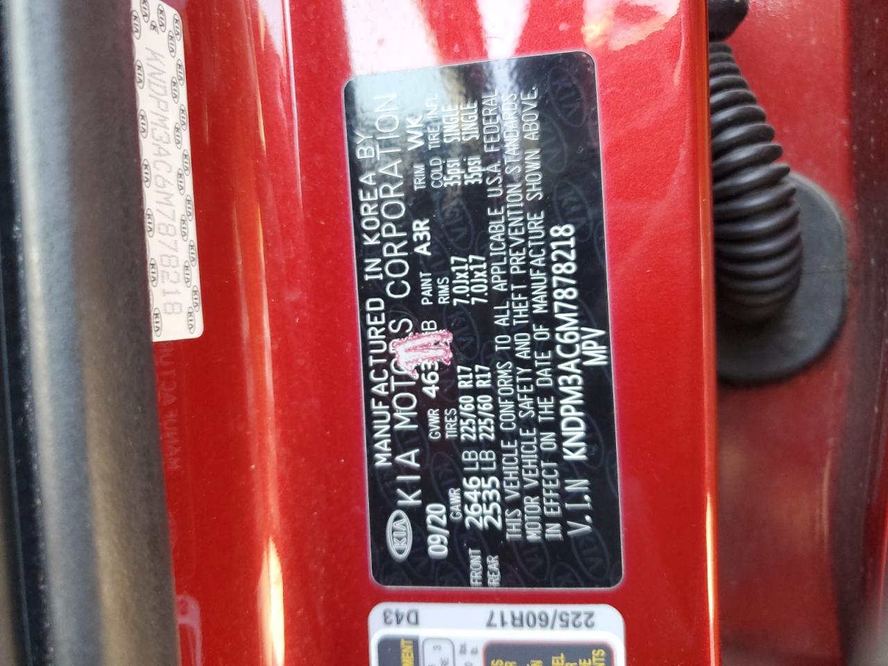 2021 KIA Sportage VIN KNDPM3AC6M7878218 Copart auction photo, vandalism damage thumbnail 13