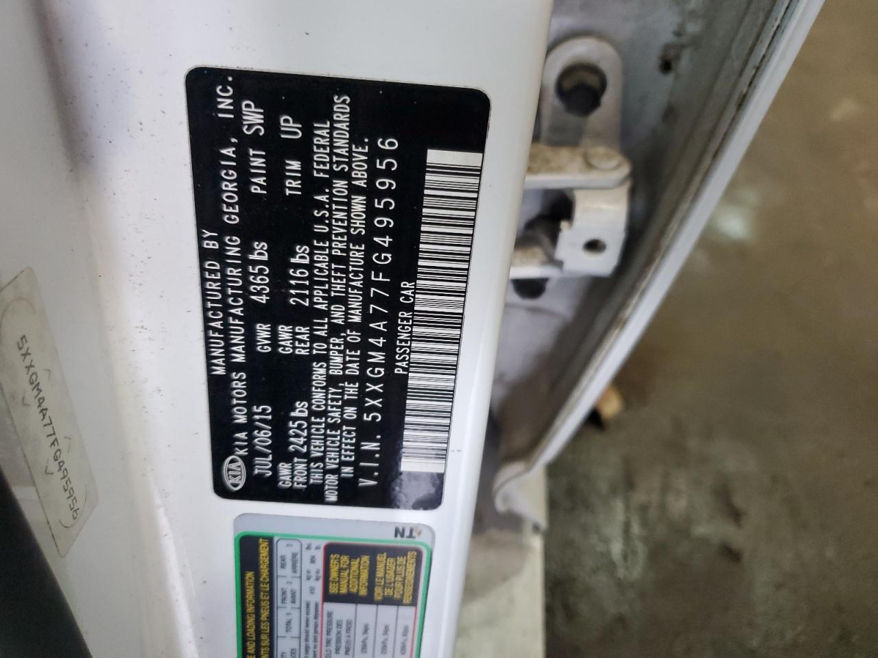 2015 KIA Optima VIN 5XXGM4A77FG495956 Copart auction photo, front end / minor dent/scratches damage thumbnail 12