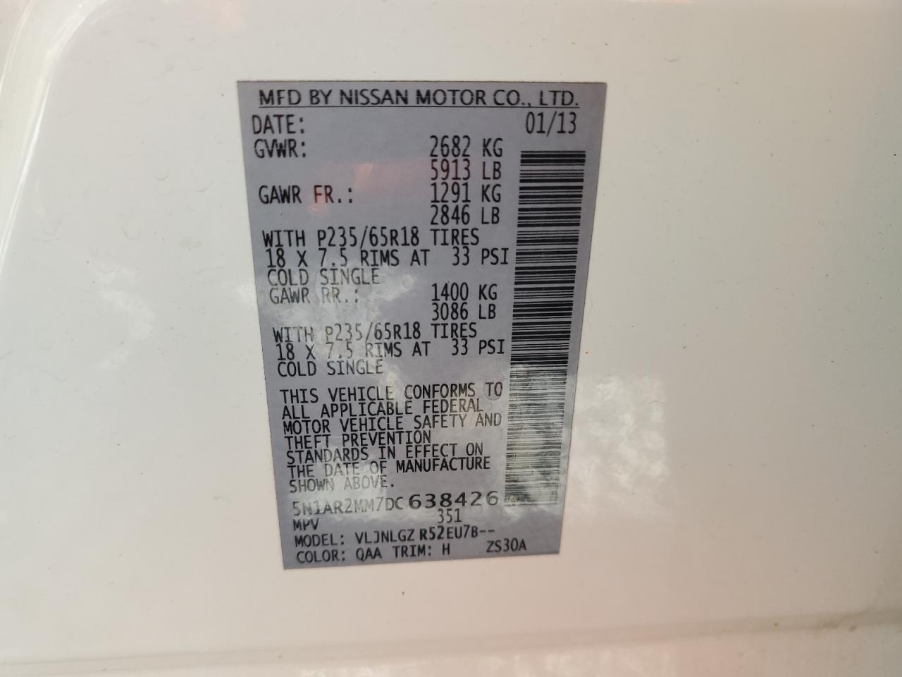 2013 Nissan Pathfinder VIN 5N1AR2MM7DC638426 Copart auction photo, front end damage thumbnail 13