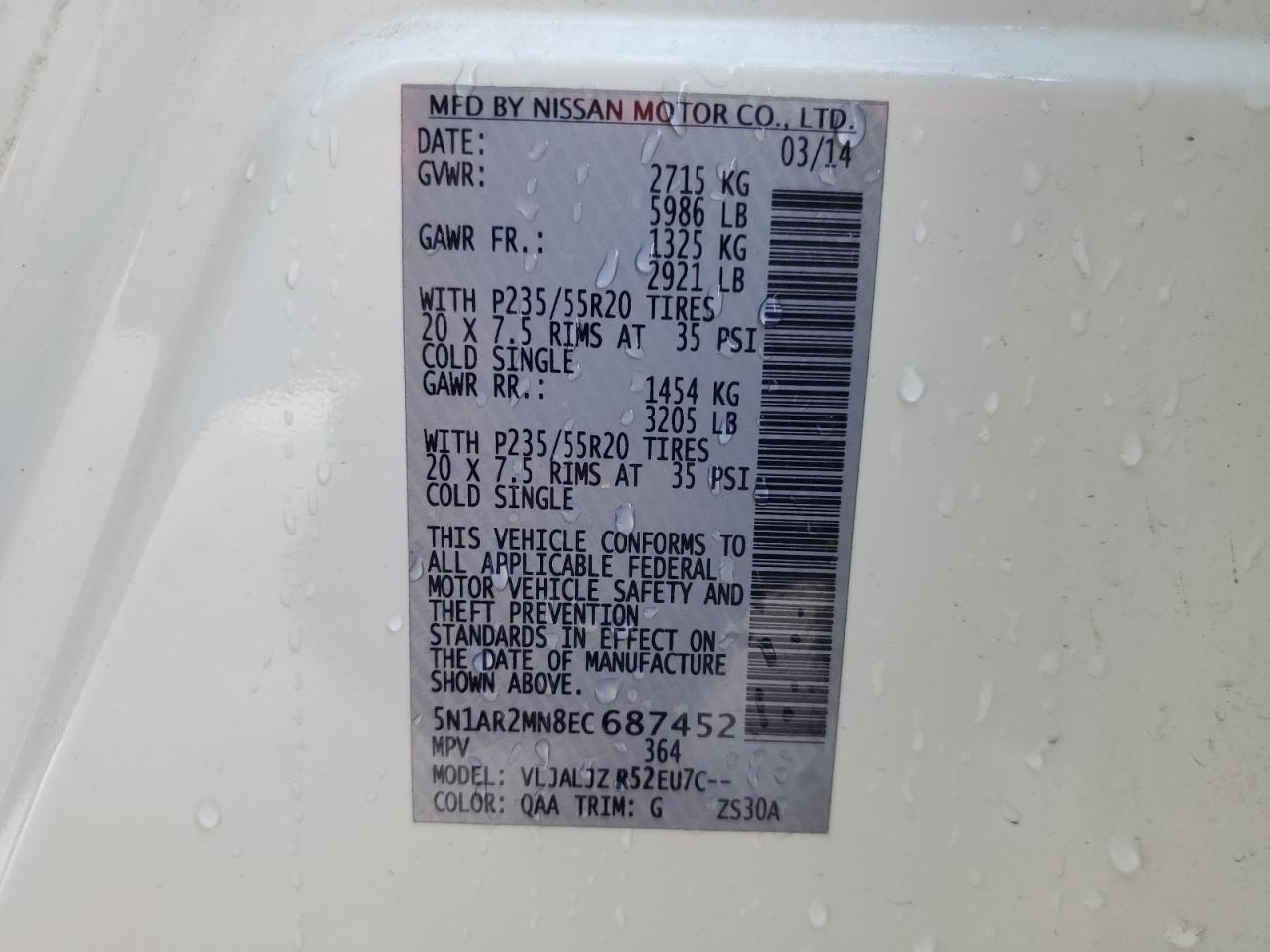 2014 Nissan Pathfinder VIN 5N1AR2MN8EC687452 Copart auction photo, front end / minor dent/scratches damage thumbnail 13