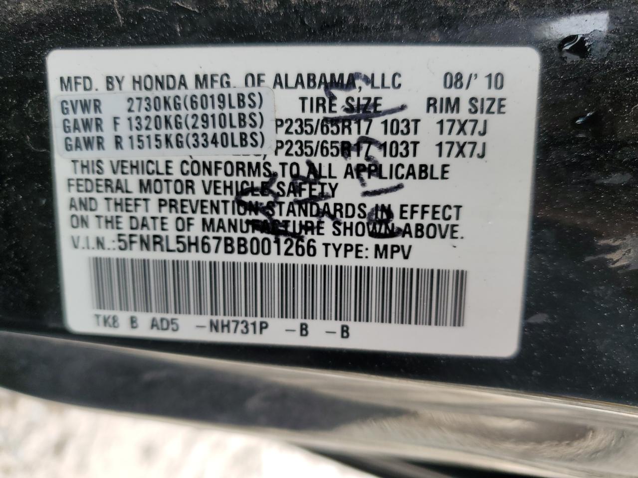 2011 Honda Odyssey VIN 5FNRL5H67BB001266 Copart auction photo, rear end damage thumbnail 13