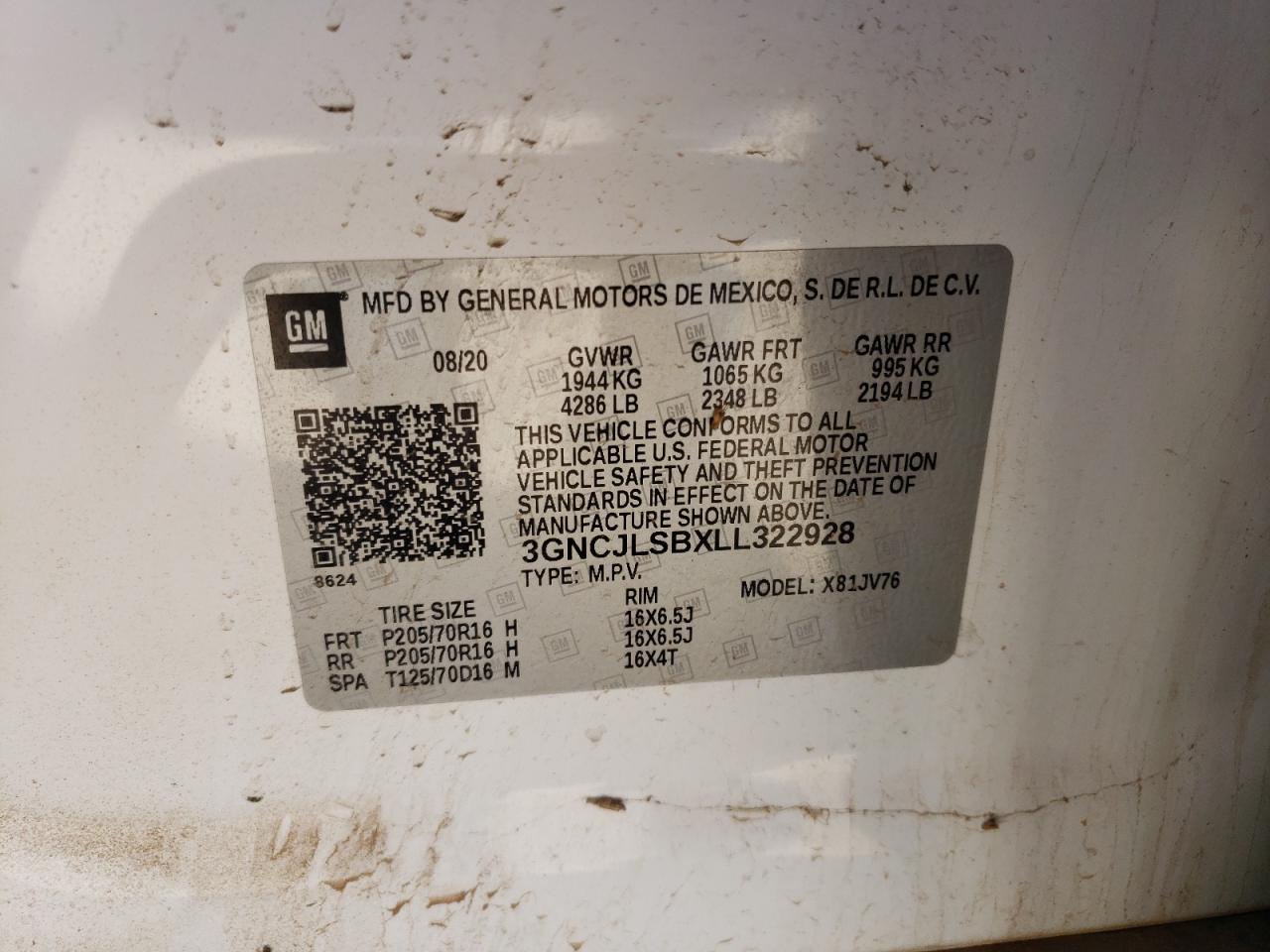2020 Chevrolet Trax VIN 3GNCJLSBXLL322928 Copart auction photo, front end damage thumbnail 13