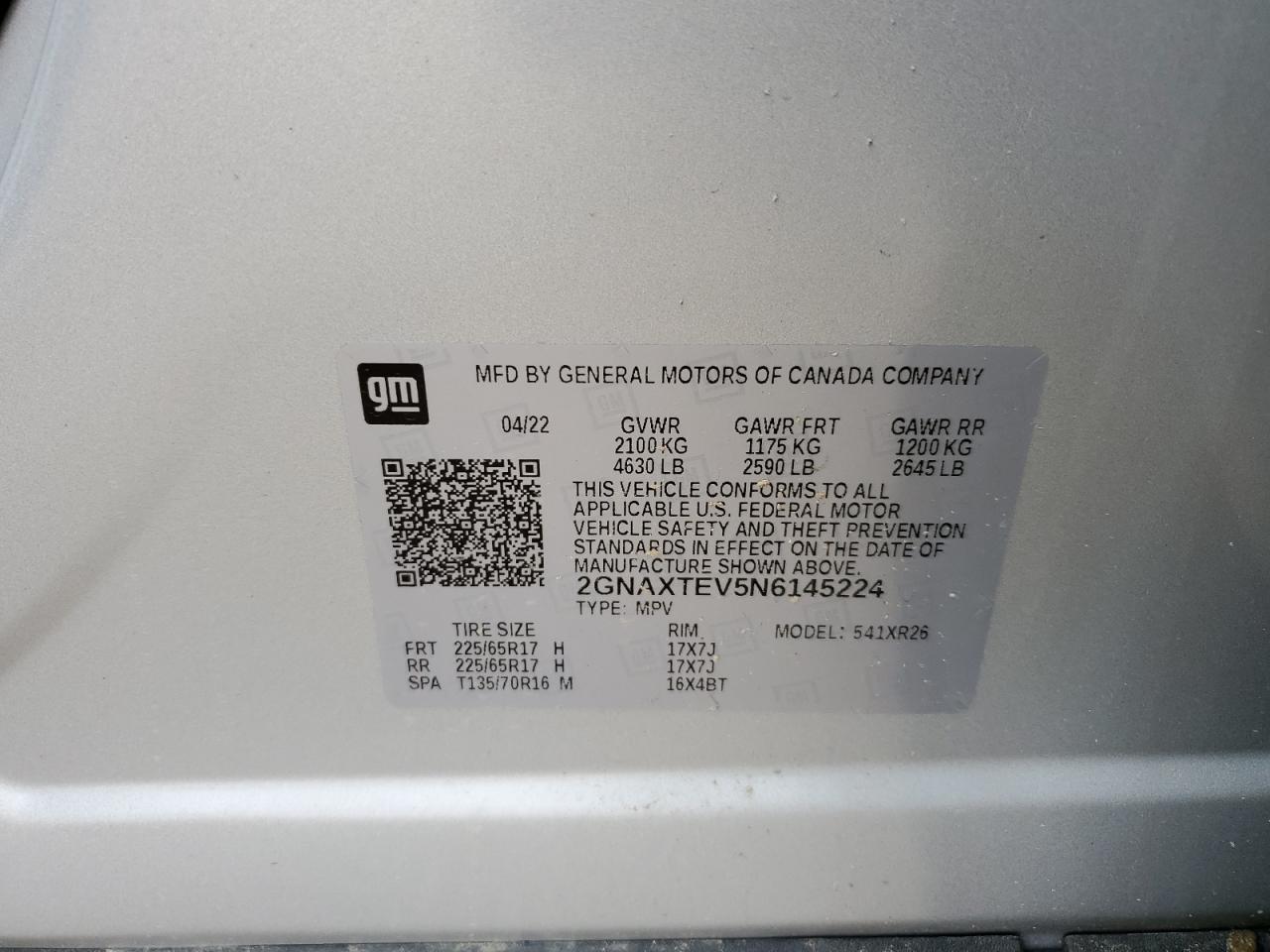 2022 Chevrolet Equinox VIN 2GNAXTEV5N6145224 Copart auction photo, all over damage thumbnail 13
