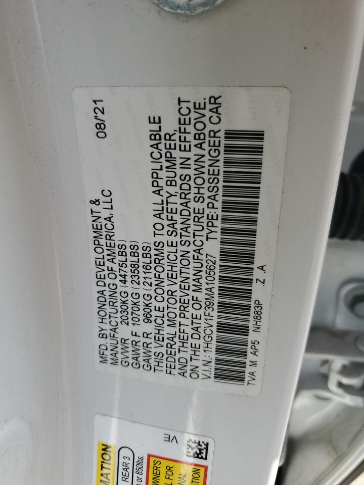 2021 Honda Accord VIN 1HGCV1F39MA105627 Copart auction photo, front end damage thumbnail 14
