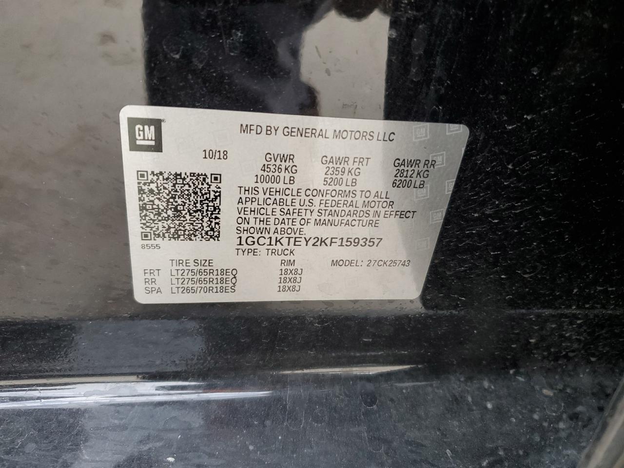 2019 Chevrolet Silverado VIN 1GC1KTEY2KF159357 Copart auction photo, burn damage thumbnail 13