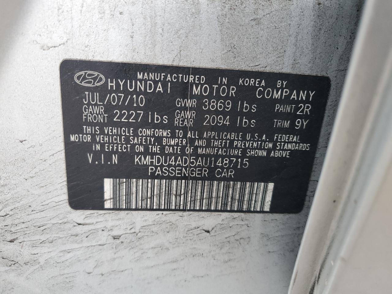 2010 Hyundai Elantra VIN KMHDU4AD5AU148715 Copart auction photo, front end / minor dent/scratches damage thumbnail 14