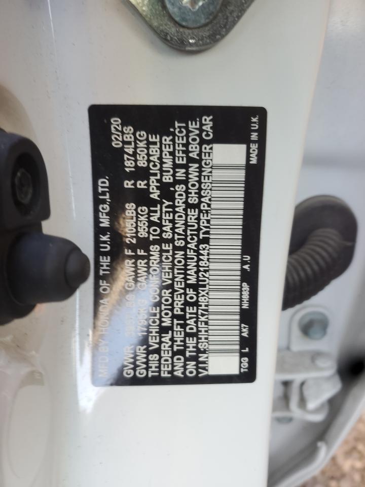 2020 Honda Civic VIN SHHFK7H8XLU218443 Copart auction photo, front end damage thumbnail 12